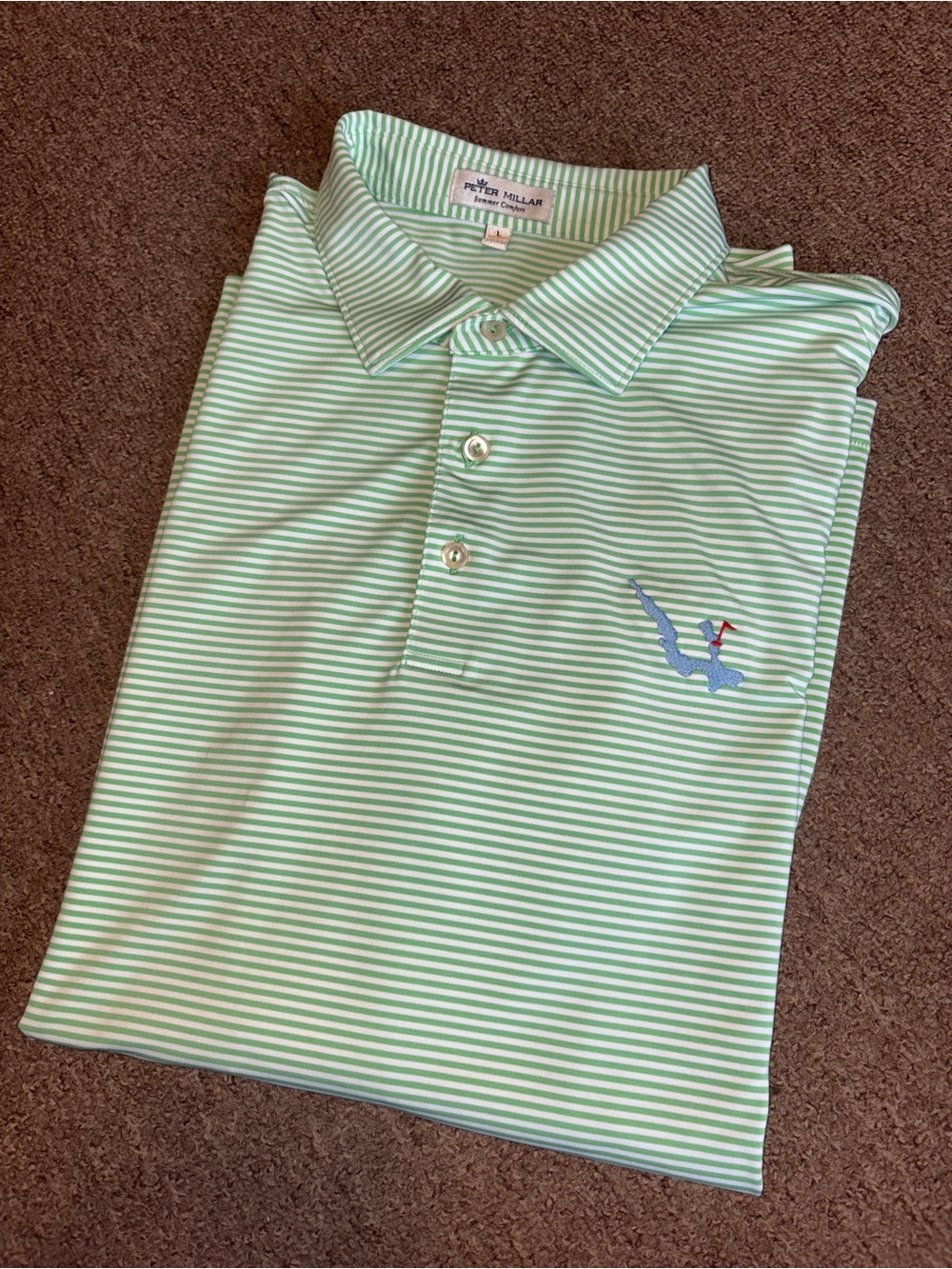 Peter Millar Light Green and White Striped Polo Size Large Summer Comfort